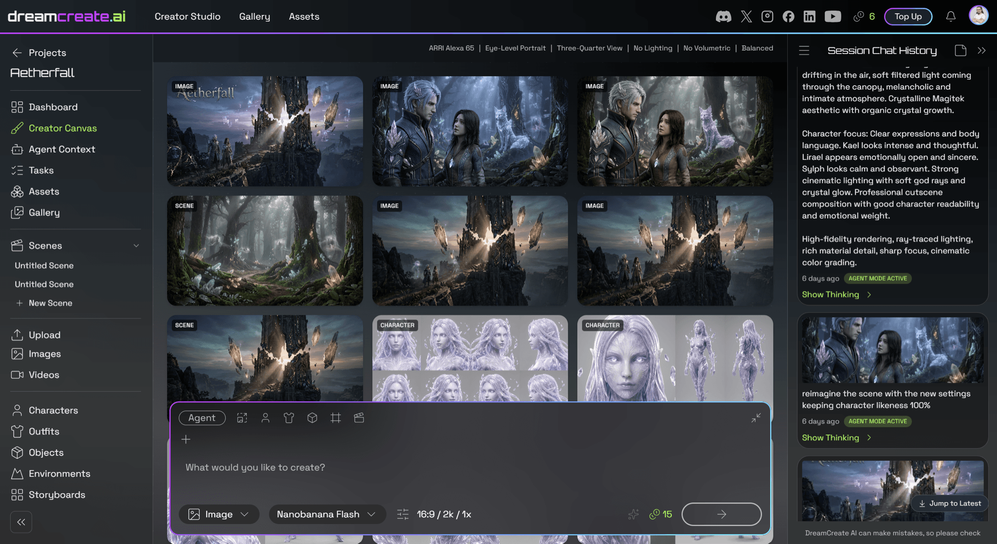 DreamCreate.ai creator studio: a project workspace with generated character art, scenes, session chat history, and an agent prompt bar